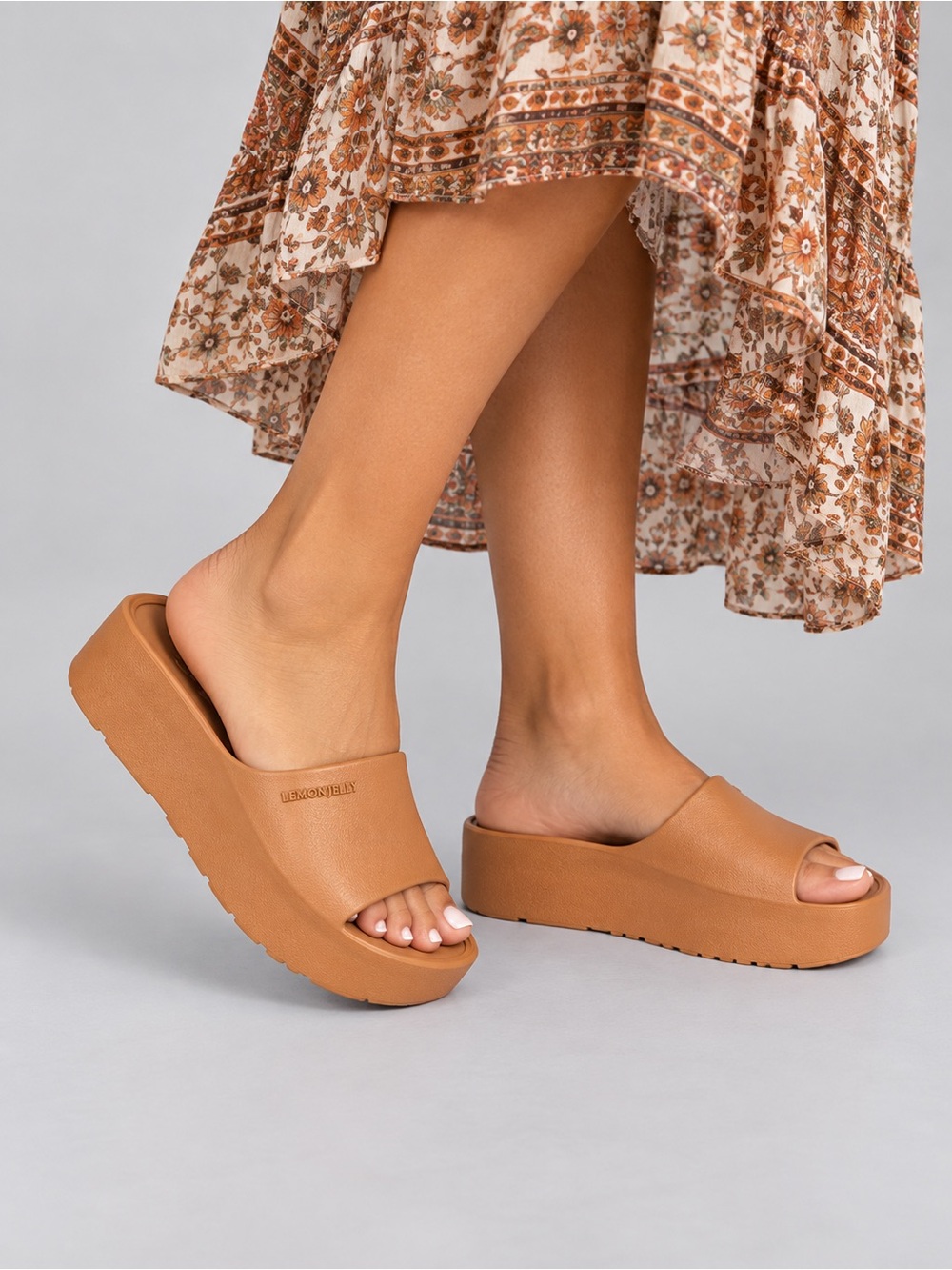 Ladies Lemon Jelly Tan Platform Slide Mules — Casual Slip-On Clogs
